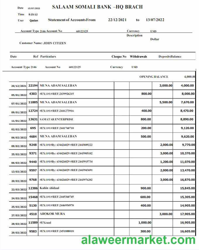 SOMALI SALAAM SOMALI bank statement Word and PDF template